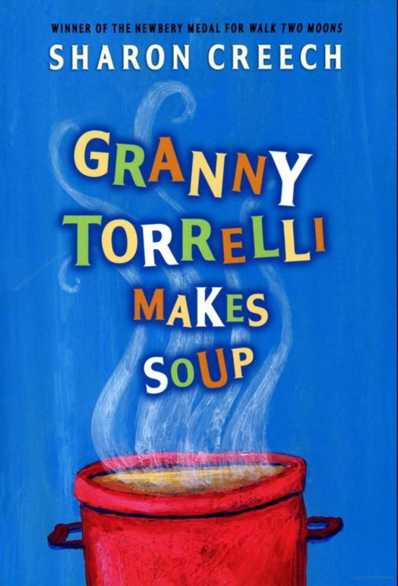 Steaming pot of soup with the book title above it