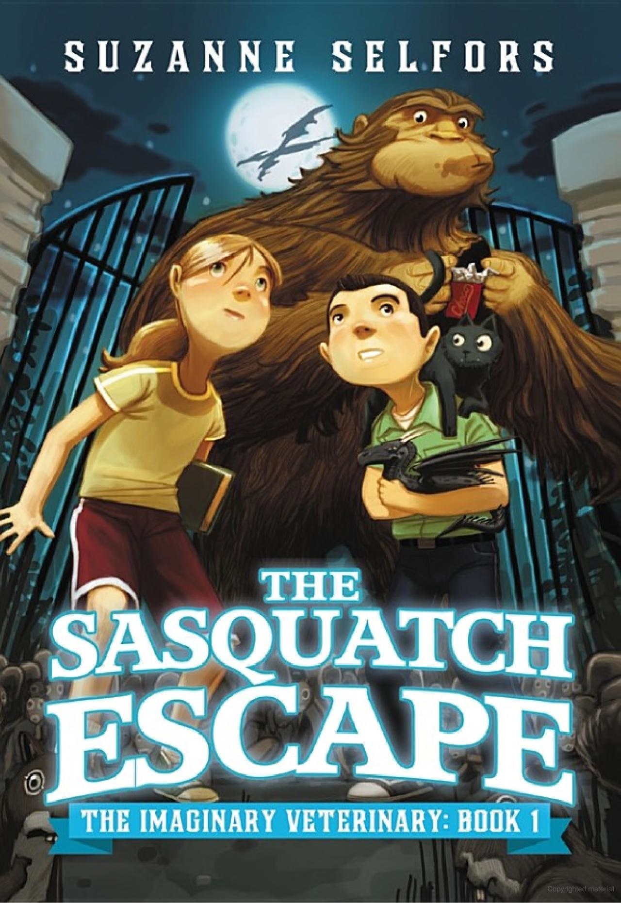 A boy and a girl facing forward with a giant Sasquatch behind them