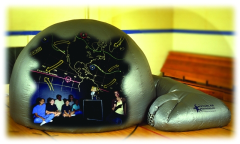 Inflatable planetarium inlaid with the view of the planets