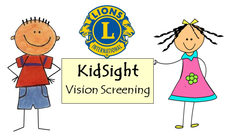 Cartoon boy wearing a red shirt and blue shorts and a cartoon girl wearing a pink dress holding a sign the says KidSight. Lions Club logo is above the sign.